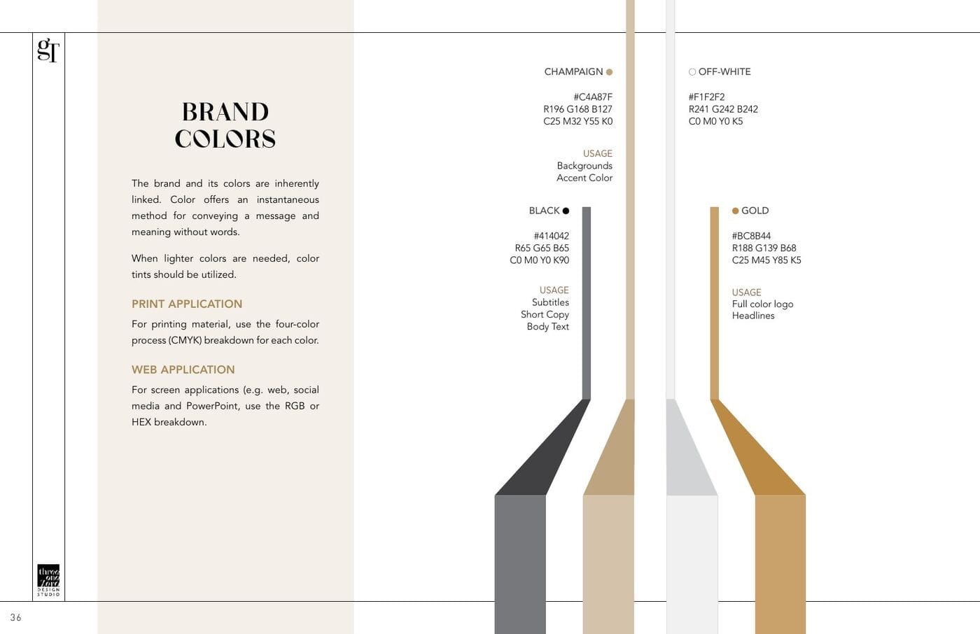 Brand color palette: Champaign, Off-White, Black and Gold