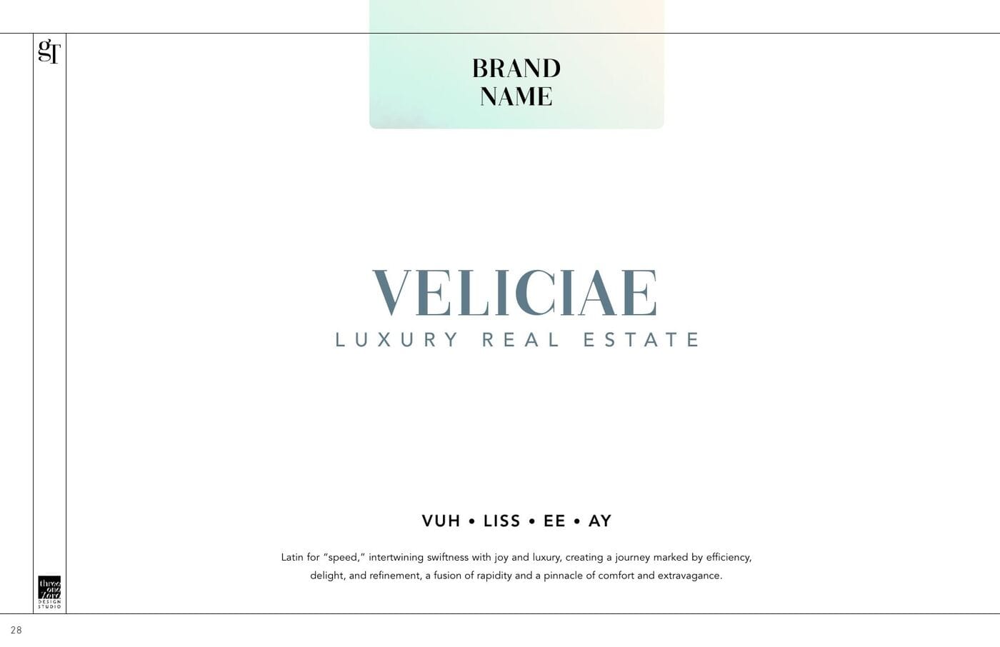 The chosen brand name Veliciae with pronunciation guide