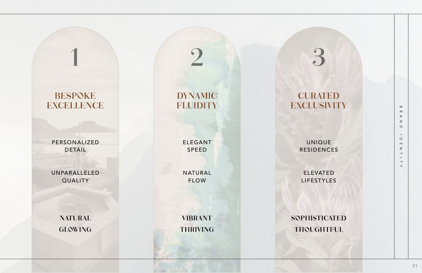 Three brand pillars: Bespoke Excellence, Dynamic Fluidity, Curated Exclusivity