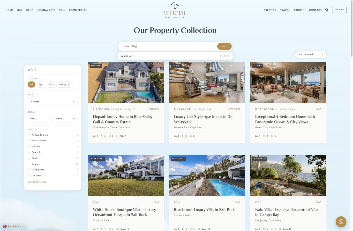 Location autocomplete suggesting Camps Bay, Cape Town as the user types
