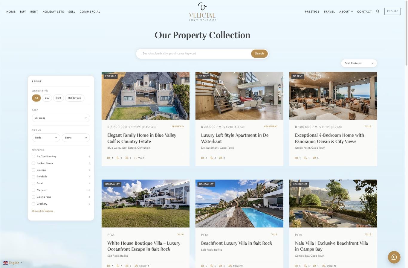The Veliciae property collection page with search bar, refine panel and listing cards