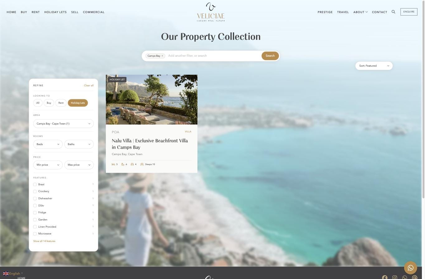 Filtered results showing a Camps Bay chip in the search bar and a single matching holiday villa