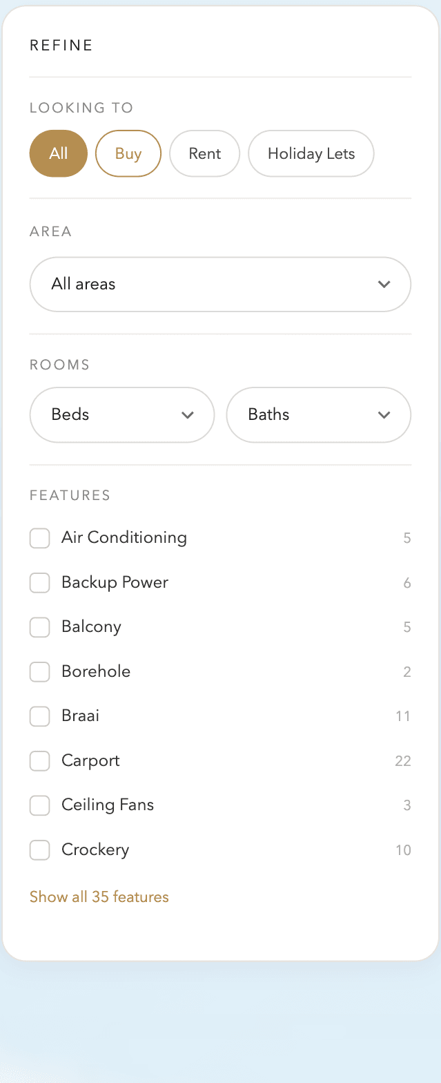 Close-up of the refine panel with intent, area, rooms and feature filters