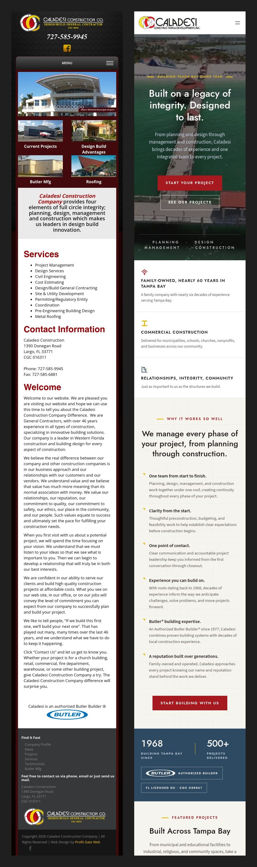 Caladesi homepage on mobile, before on the left and after on the right