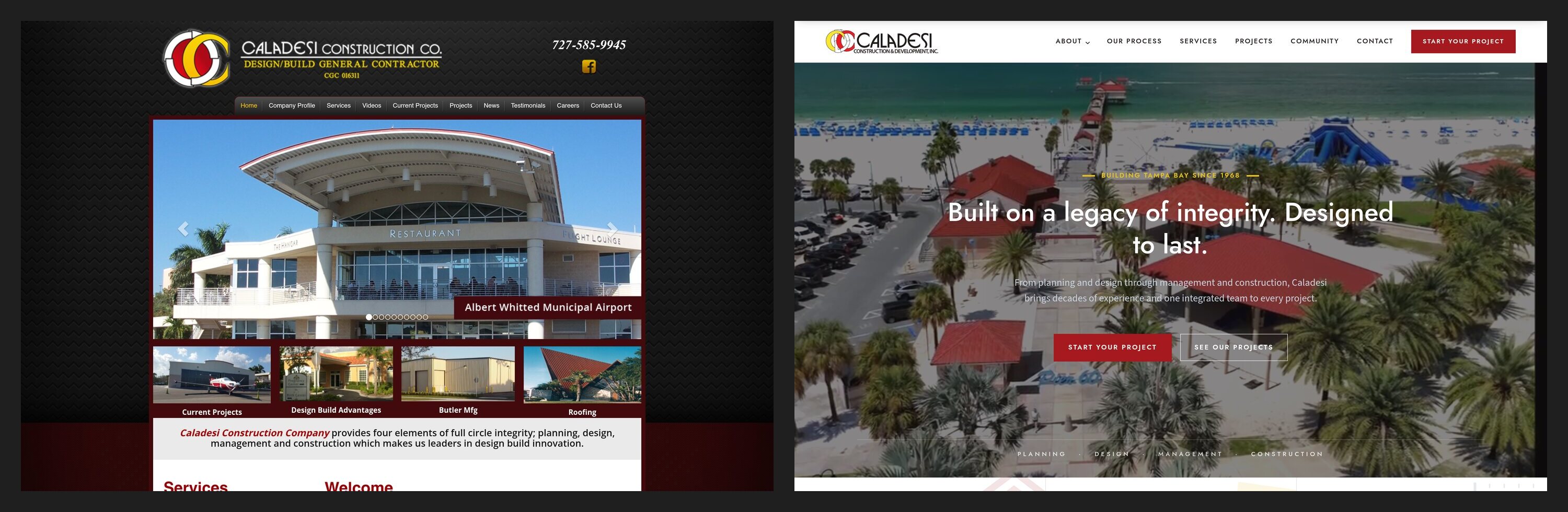 Caladesi homepage top fold, before on the left and after on the right