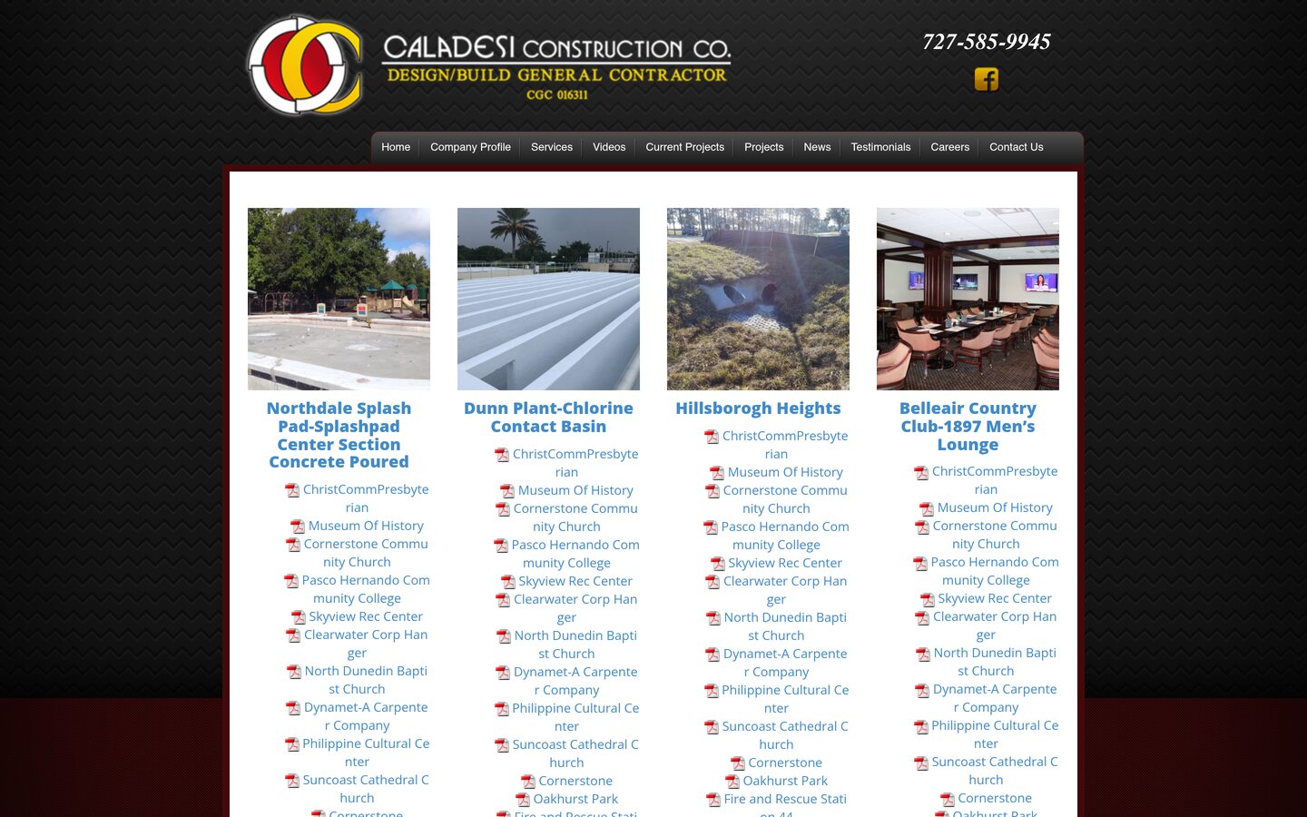 The old caladesi.biz projects page listing PDF links