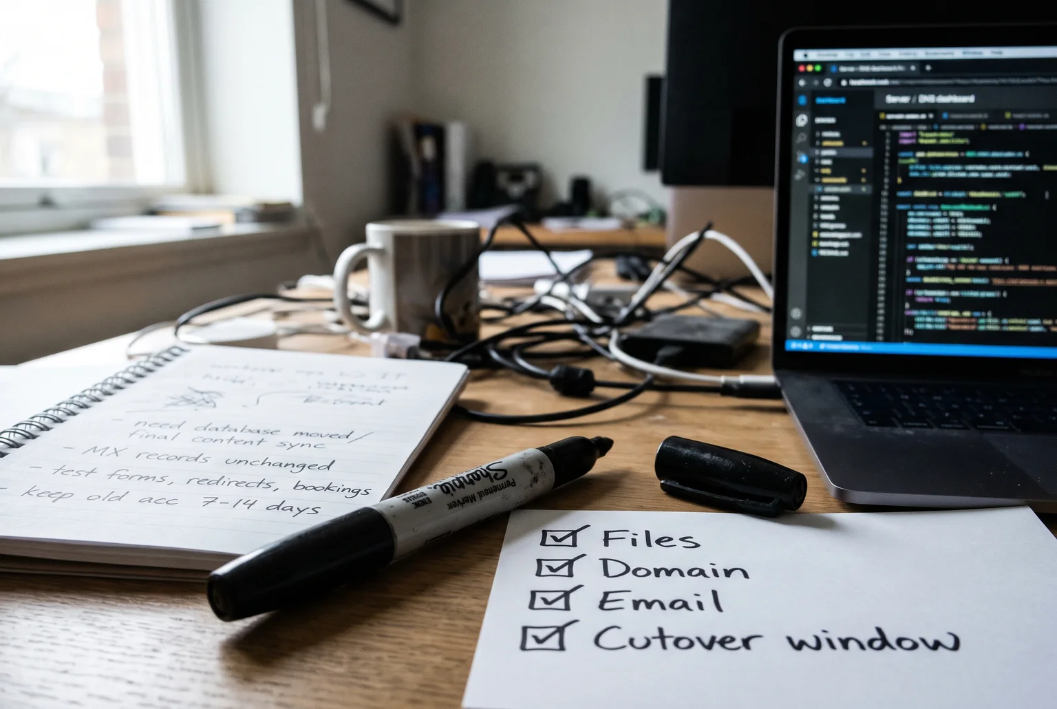 checklist card with four ticked rows labeled files, domain, email, cutover window