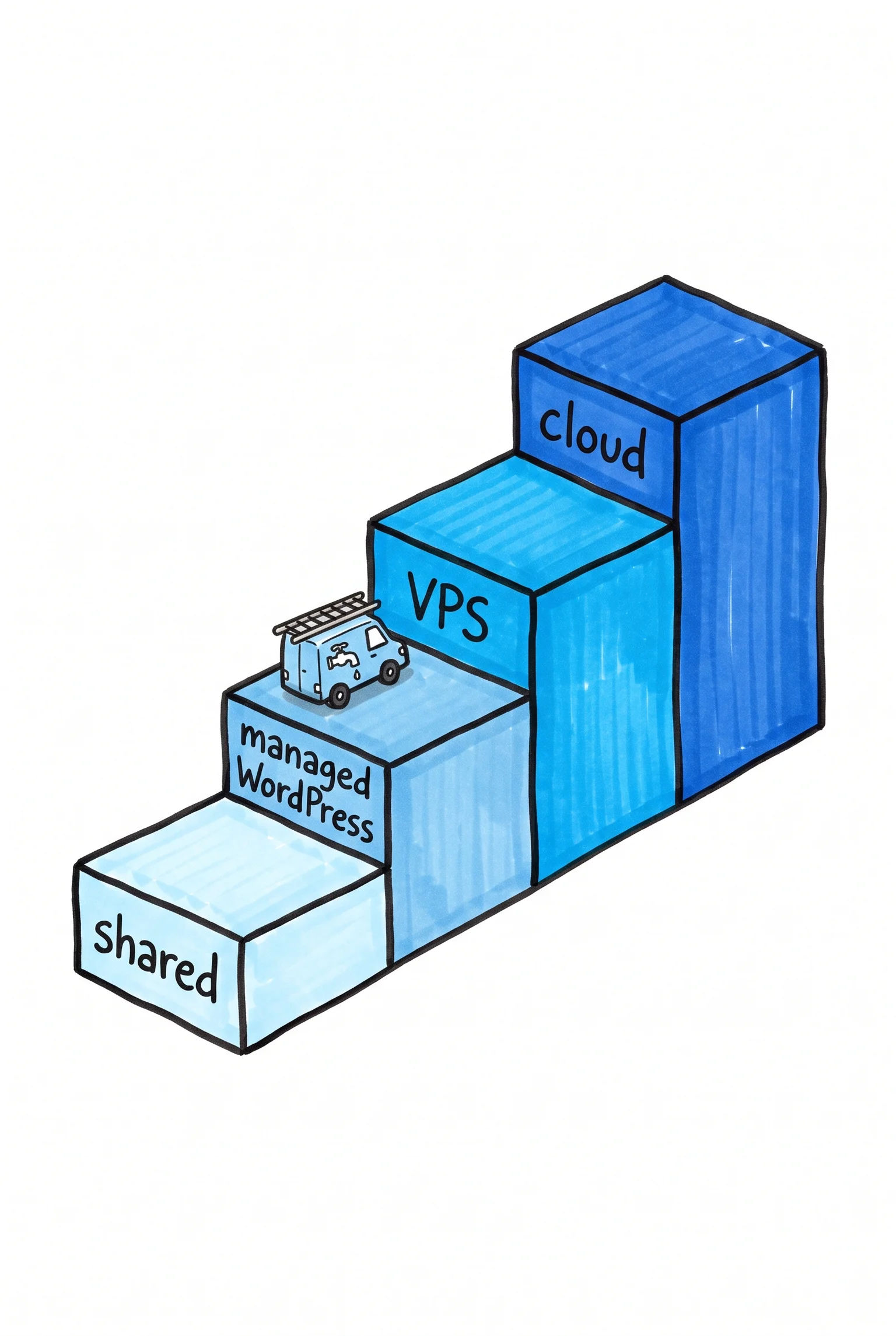 Four-step staircase labeled shared, managed WordPress, VPS and cloud with a small plumbing van on the second step