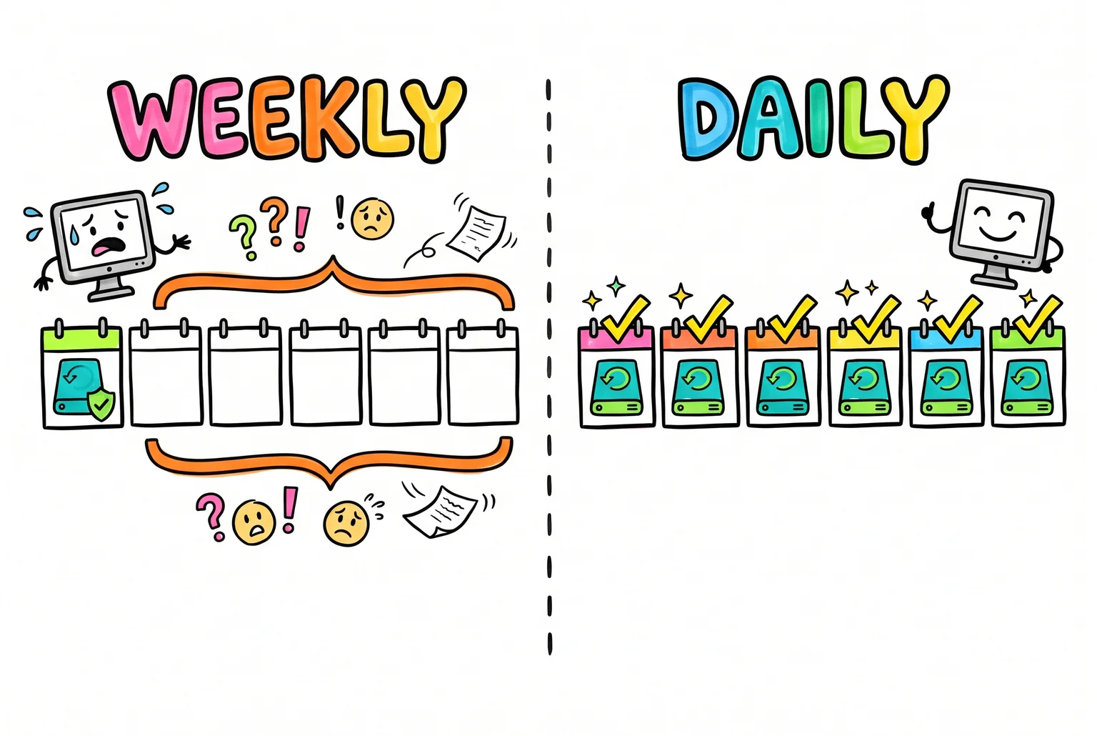 Two calendar strips: weekly backups with a highlighted gap of lost bookings, and daily backups with a restore point every day
